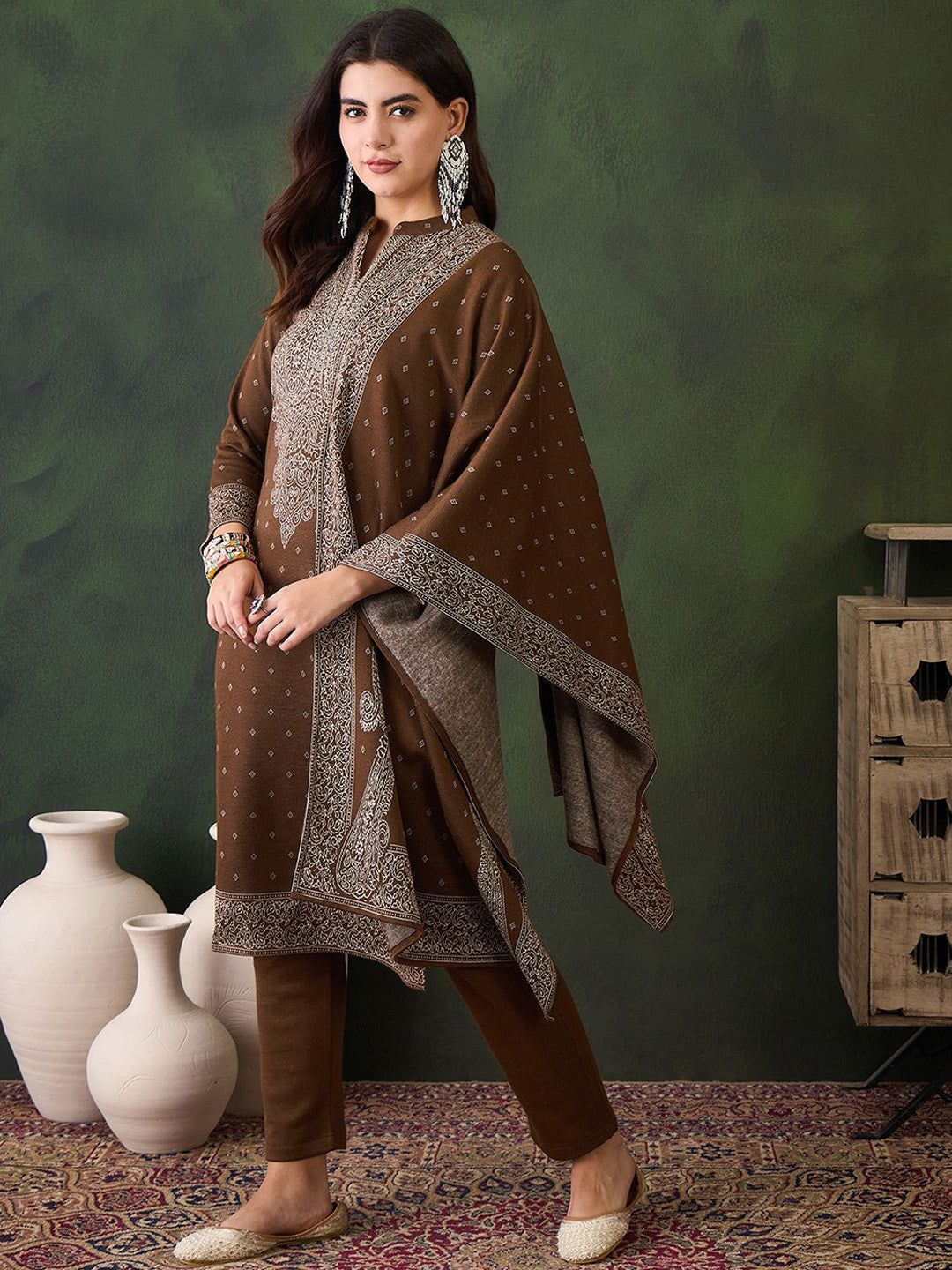 Ethnic Motifs Woven Design Mandarin Collar Straight Kurta With Trouser & Dupatta