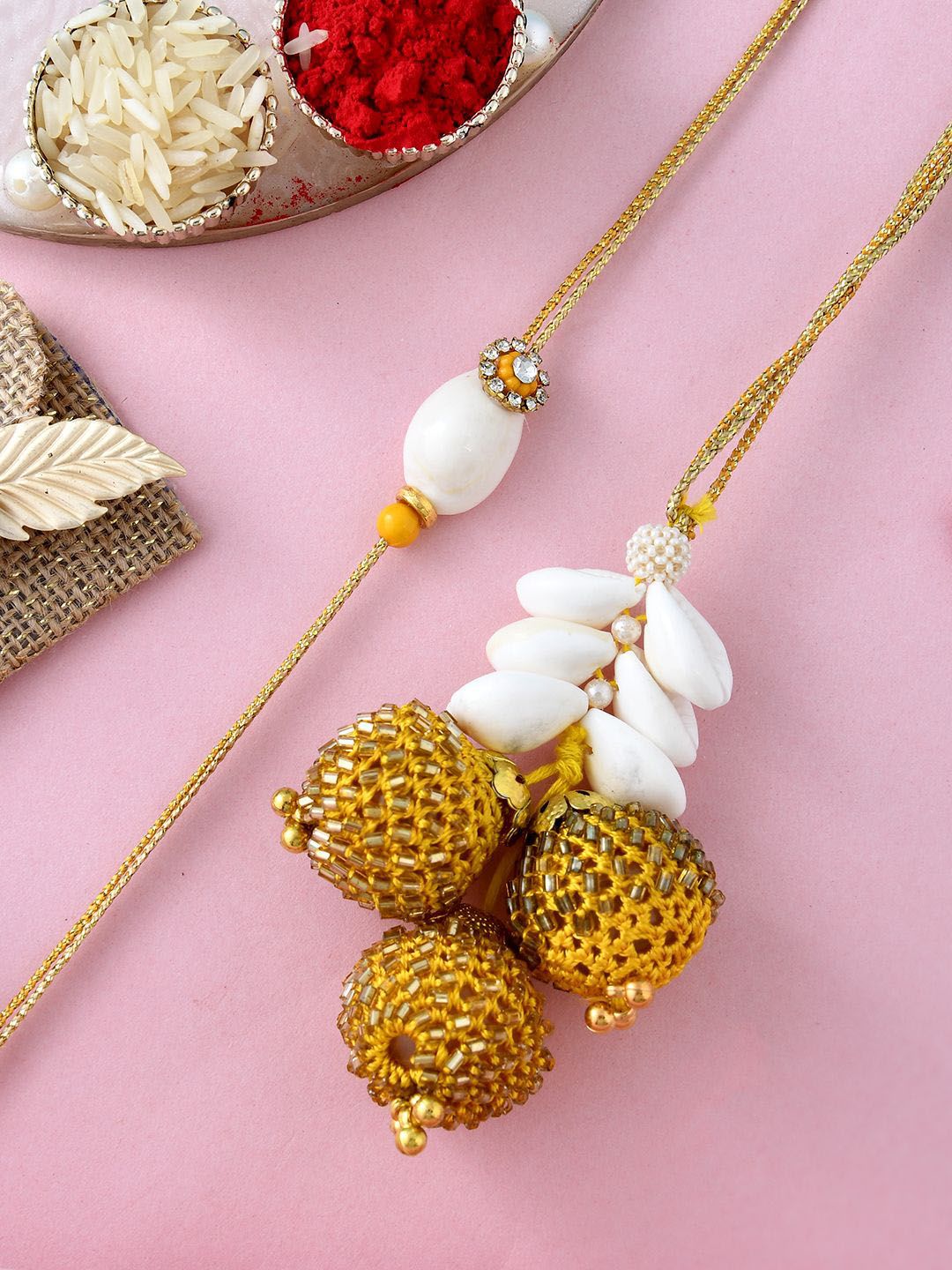 Dhiyona Gold Toned Beaded Bhaiya Bhabhi Thread Rakhis With Roli, Chawal & Greeting Card