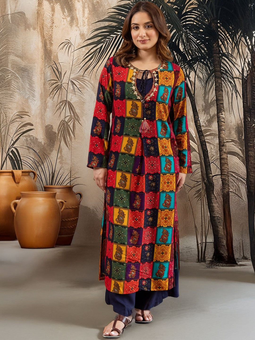 Ethnic Motifs Printed Thread Work Tie-Up Neck Straight Kurta With Palazzos