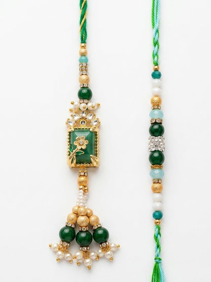Dhiyona Set Of 2 Green Artificial Beads Traditional Bhaiya Bhabhi Rakhi With Roli Chawal