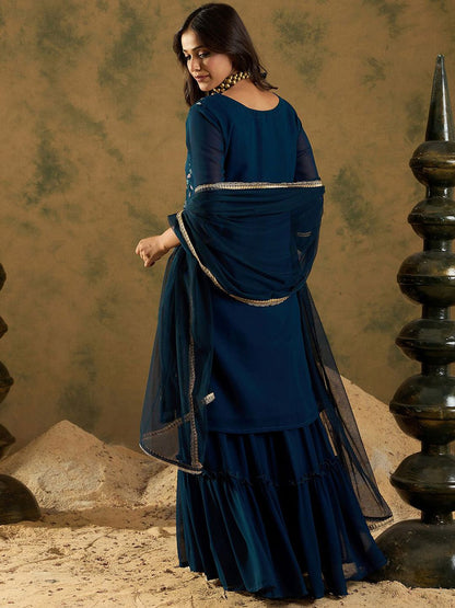 Dhiyona IE Floral Embroidered Thread Work Regular Sleeves V-Neck Georgette Kurta Set