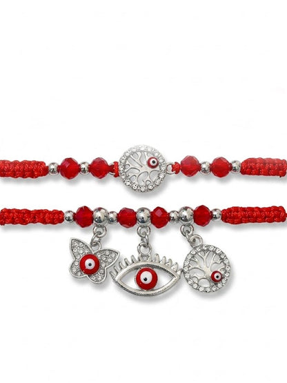 Dhiyona Set Of 2 Red & Silver Evil Eye Design Bhaiya Bhabhi Rakhi With Roli Chawal Chandan