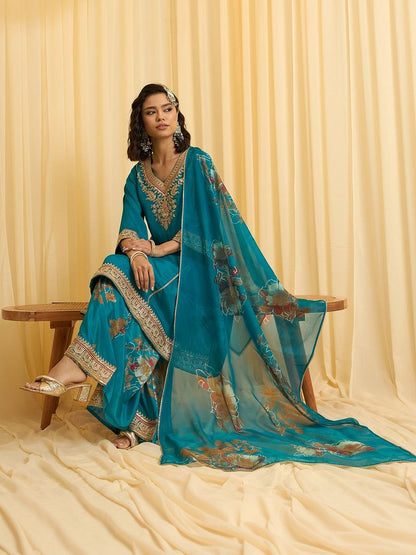 Dhiyona CH Women Floral Embroidered Regular Thread Work Kurta with Palazzos & With Dupatta