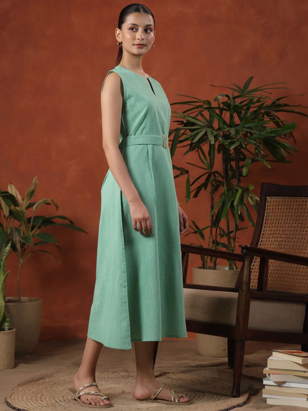 Dhiyona AY Women's Self Design Cotton Sleeveless Cotton Fit & Flare Midi Dress With Belt