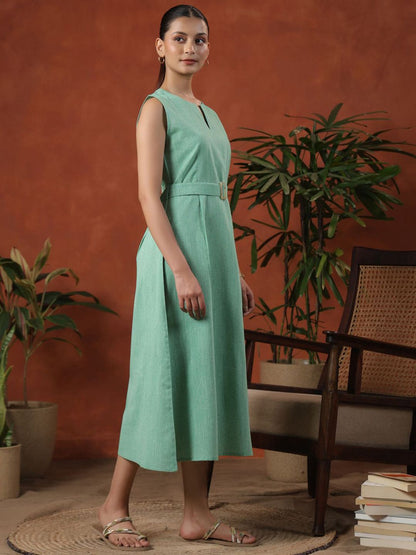 Dhiyona AY Women's Self Design Cotton Sleeveless Cotton Fit & Flare Midi Dress With Belt