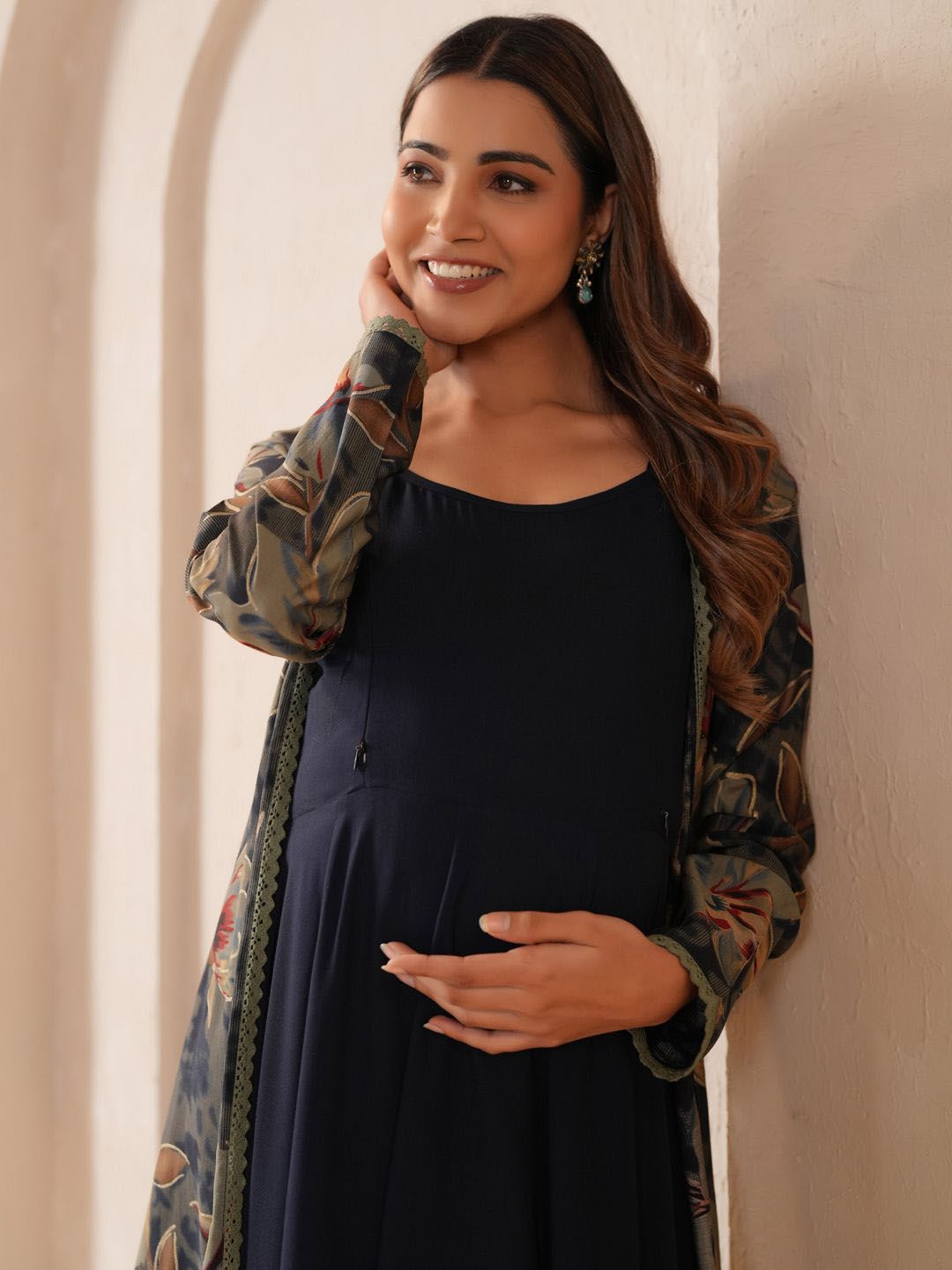 Dhiyona AY Women's Shoulder Strap Neck Maternity Ethnic Dresses With Cape Jacket