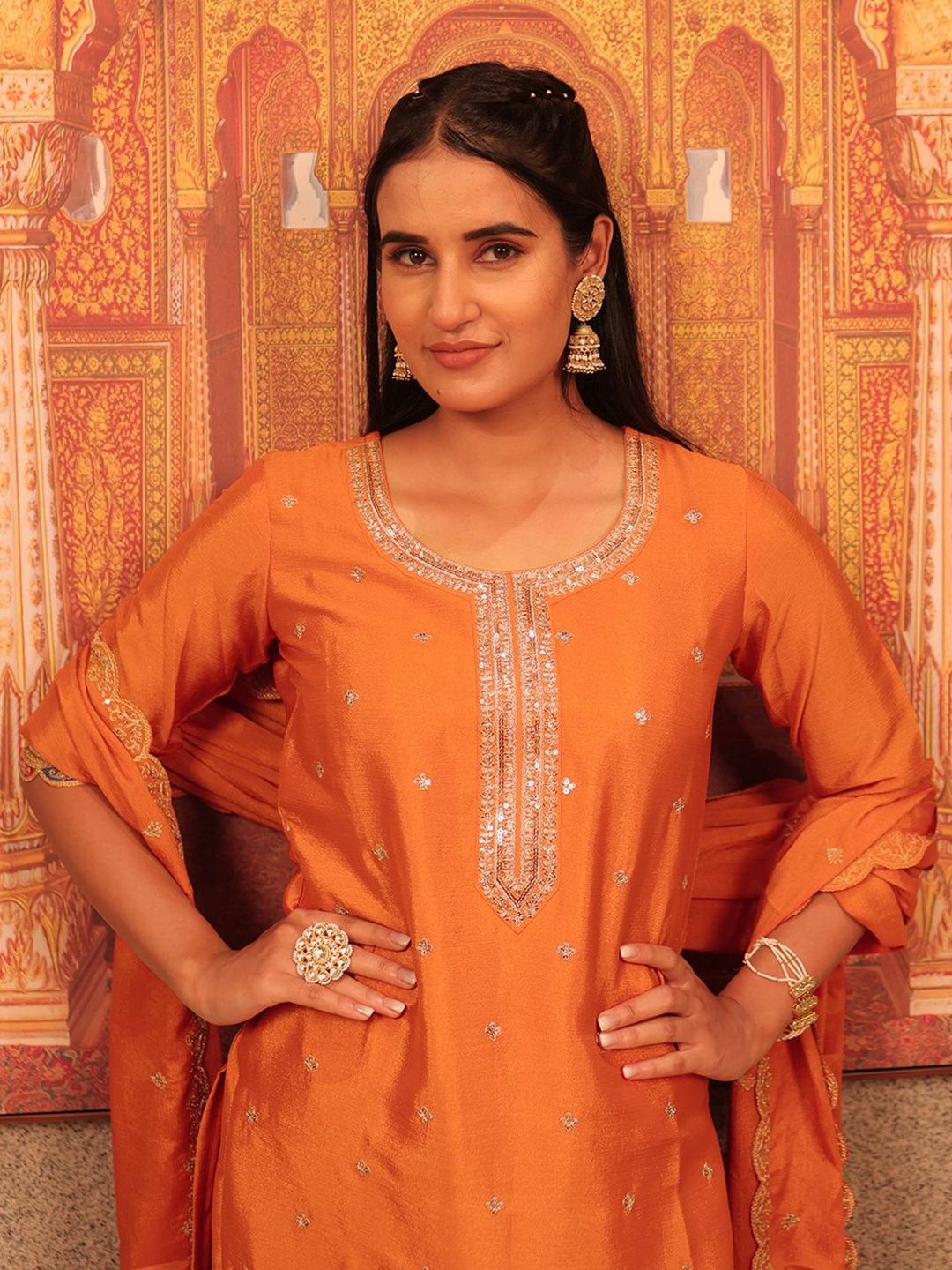 Dhiyona CH Women Ethnic Motifs Embroidered Regular Thread Work Kurta with Palazzos & With Dupatta