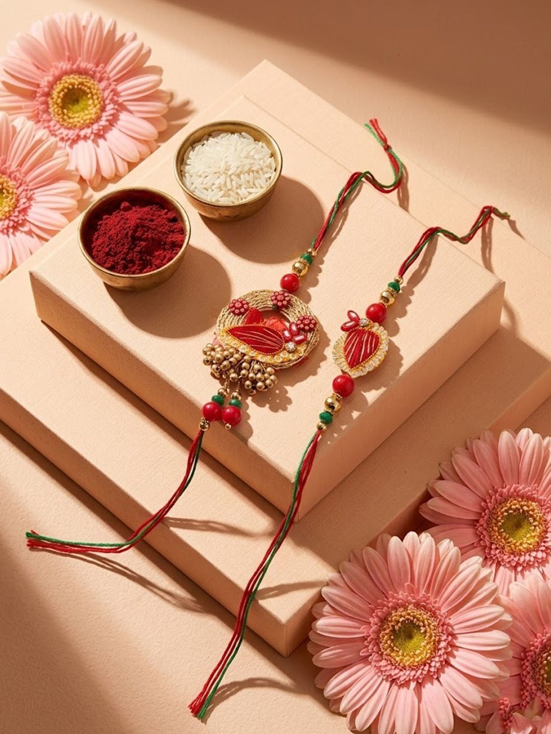 Dhiyona Set Of 2 Artificial Beads Bhaiya Bhabhi Rakhi With Roli Chawal Chandan Mishri