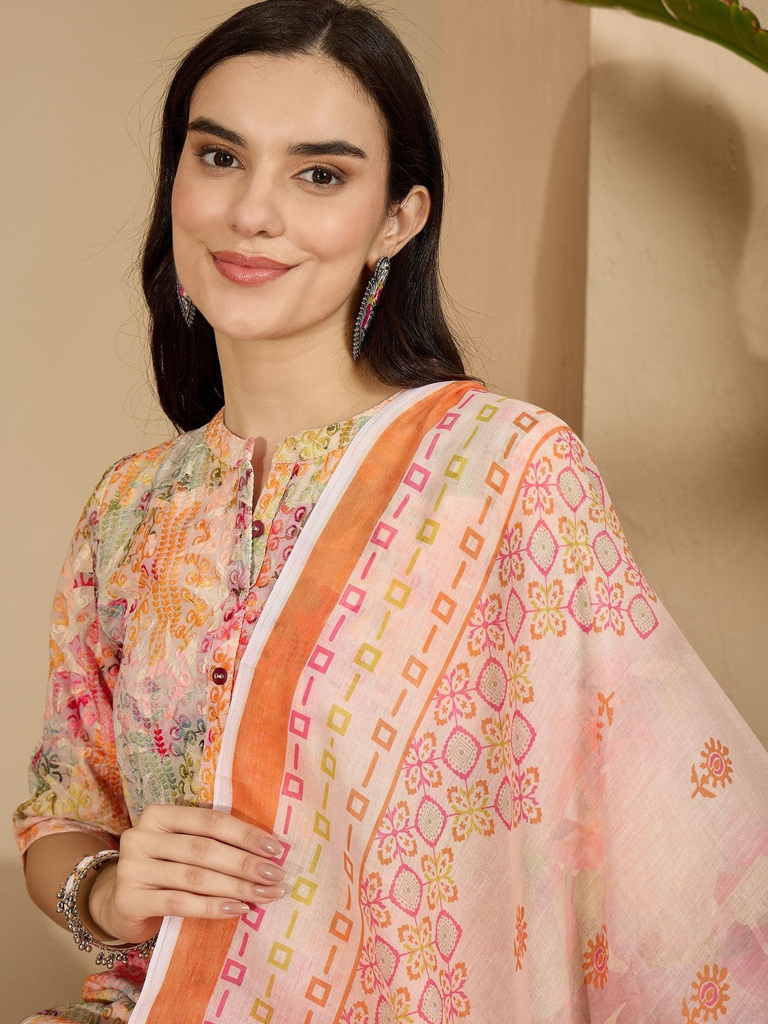 Floral Embroidered Thread Work Pure Cotton Straight Kurta With Trousers & Dupatta