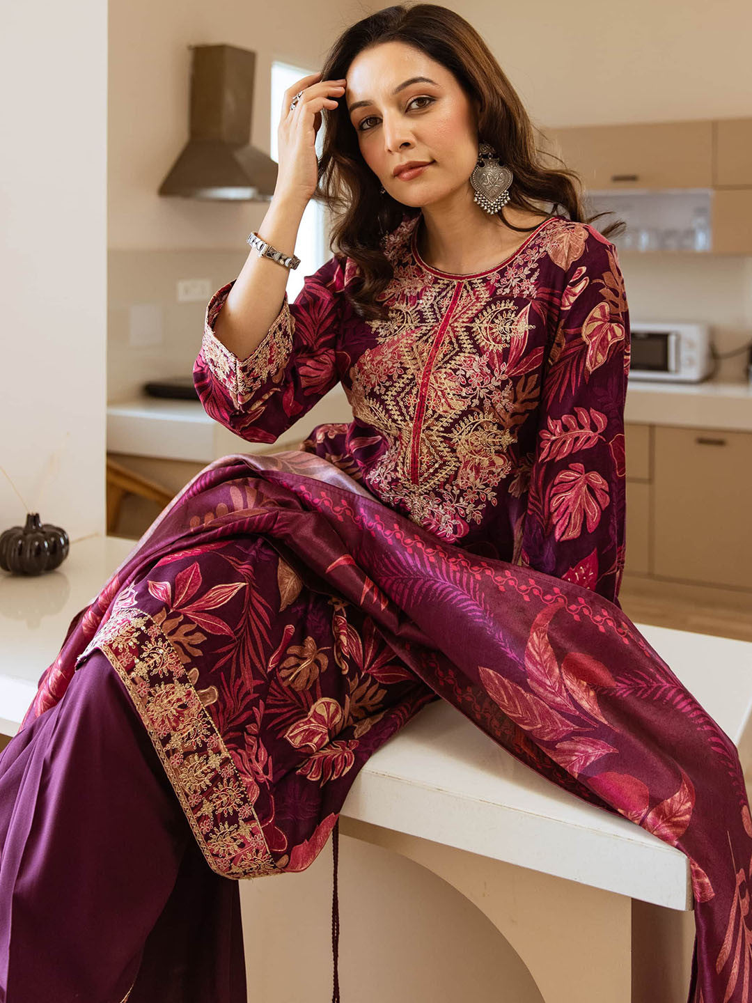 Floral Printed Straight Thread Work Kurta With Palazzos & Dupatta