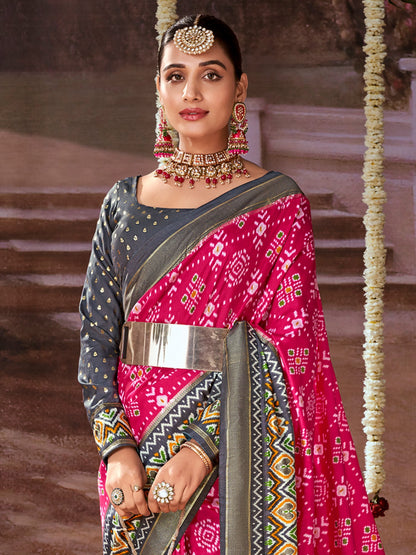 Women's Tussar Silk Pink Printed Designer Saree With Blouse Piece