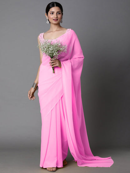 Women's Georgette Pink Embellished Celebrity Saree With Blouse Piece