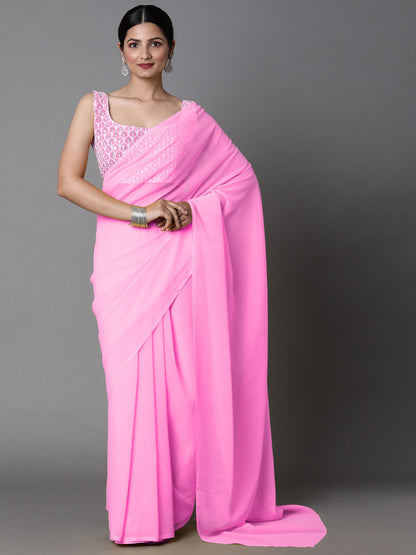 Women's Georgette Pink Embellished Celebrity Saree With Blouse Piece