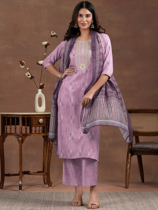 Ethnic Motifs Printed Zari Straight Kurta with Palazzos & Dupatta