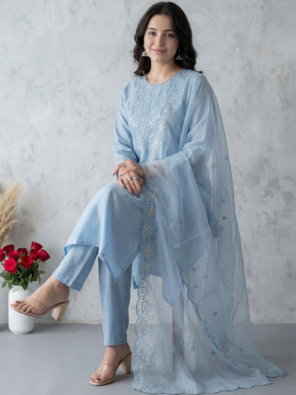 Women Ethnic Motifs Embroidered Regular Sequinned Kurta with Trousers & With Dupatta