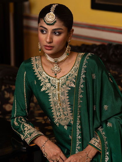 Dhiyona CH Floral Embroidered Sequinned Straight Kurta With Trousers & Dupatta