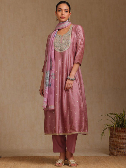 Dhiyona SO Women's Ethnic Motifs Woven Design Zardozi Round Neck Anarkali Kurta With Trousers & Dupatta