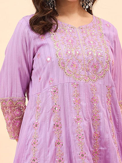 Dhiyona AN Floral Embroidered Sequinned Pure Cotton Kurta With Sharara & Dupatta