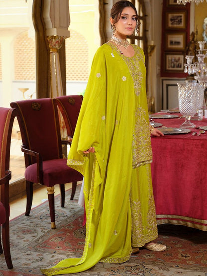 Dhiyona IE Floral Embroidered Zari Kurta With Palazzos & Dupatta