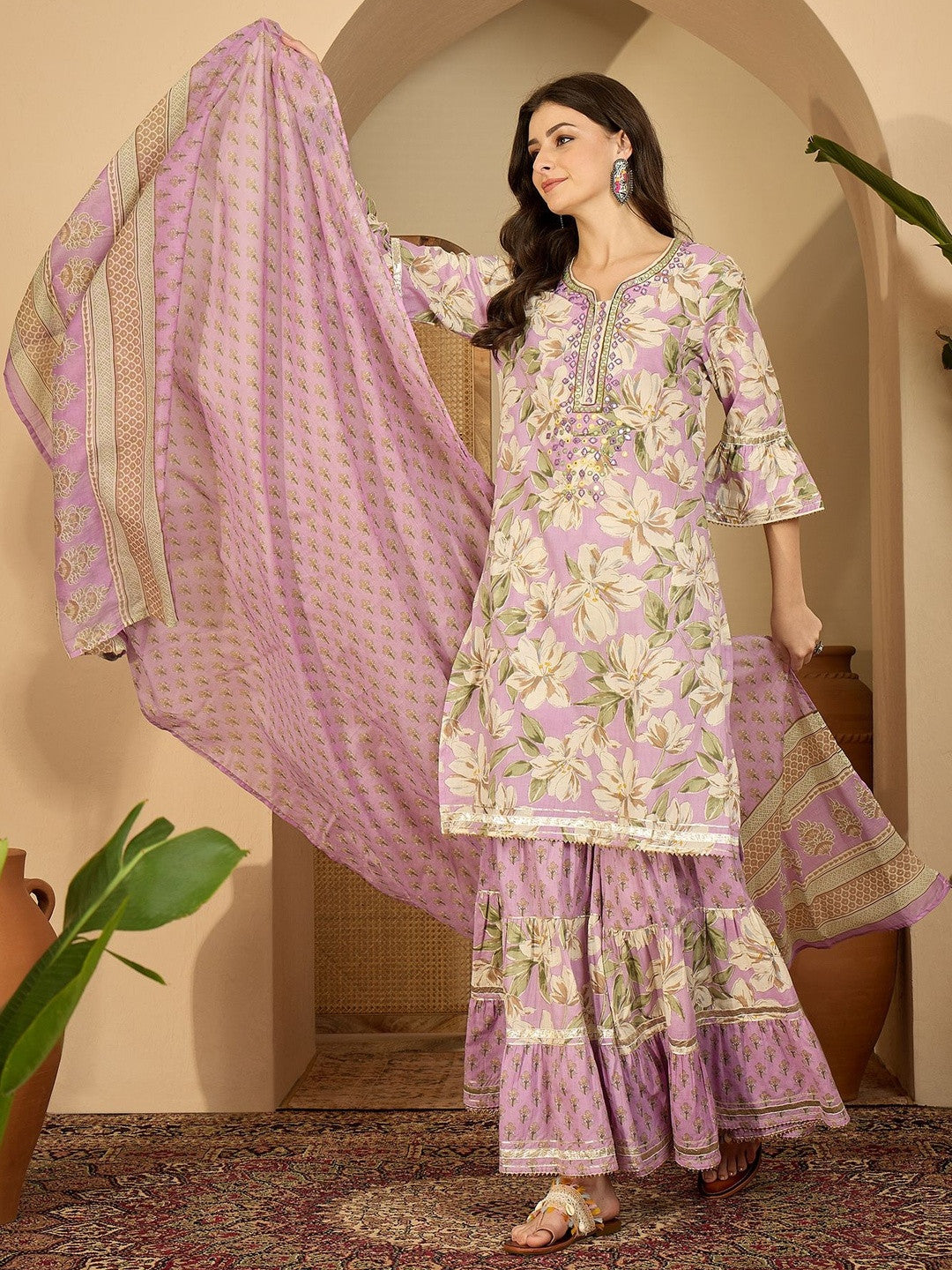 Dhiyona SN Floral Printed Notch Neck Thread Work Pure Cotton Kurta With Sharara & Dupatta