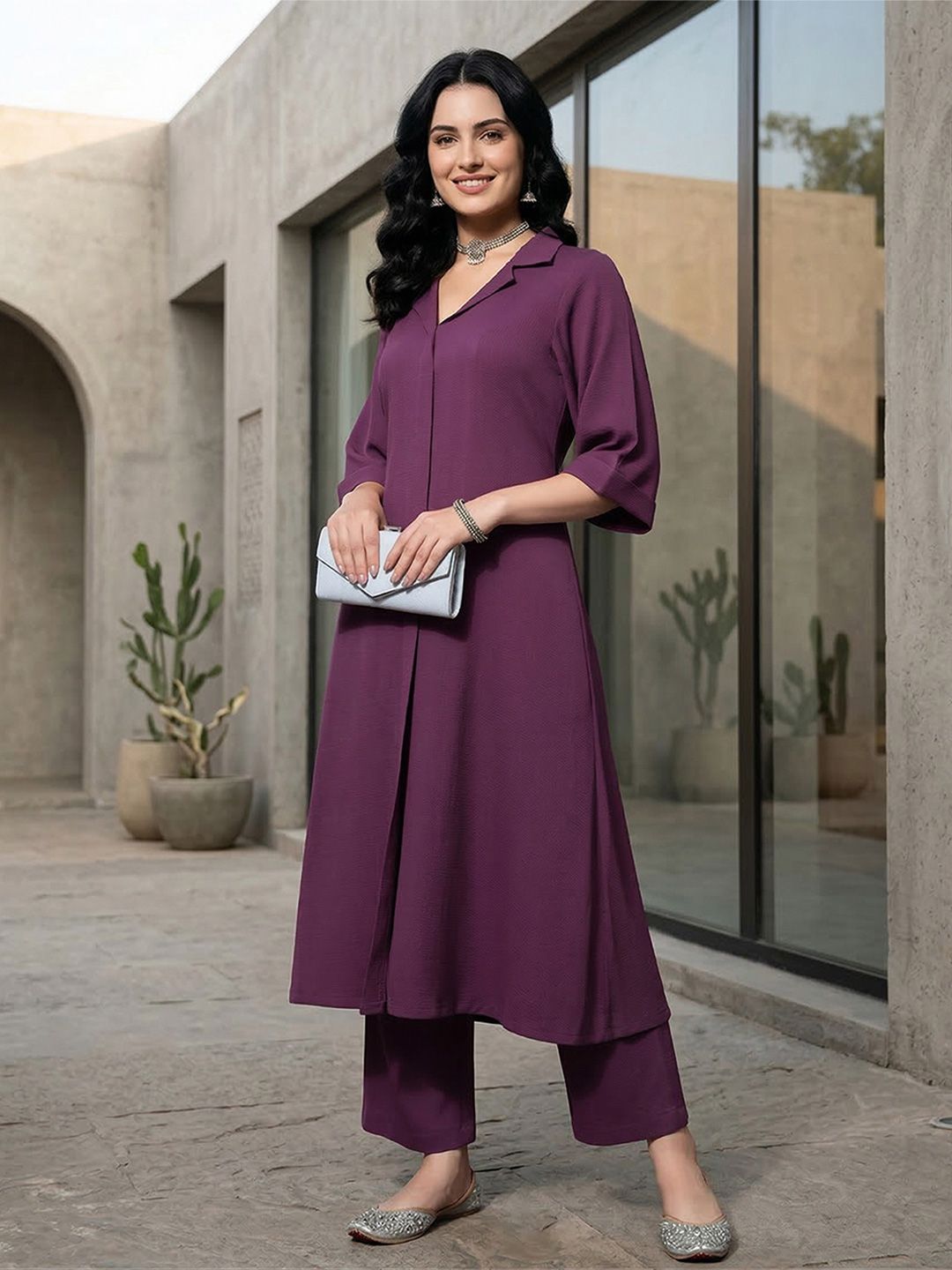 Mauve Notched Lapel Collar Tunic With Trouser Co-Ords