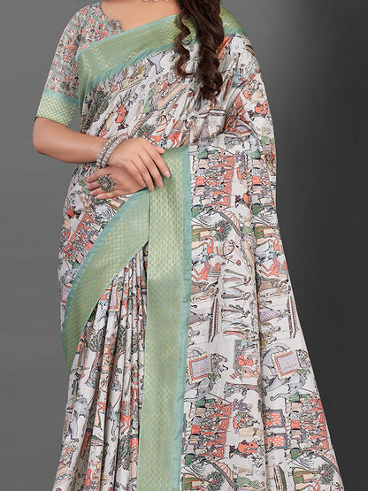 Women's Manipuri Silk Off White Printed Designer Saree With Blouse Piece