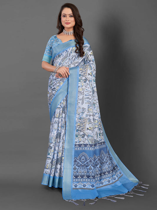 Women's Manipuri Silk Blue Printed Designer Saree With Blouse Piece