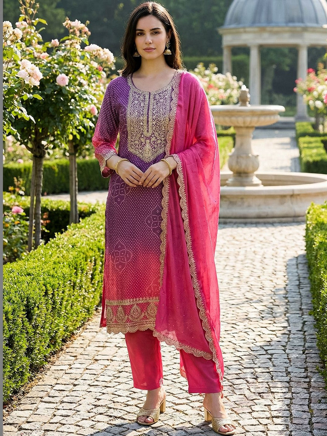 Women Ethnic Motifs Printed Regular Thread Work Kurta with Trousers & With Dupatta