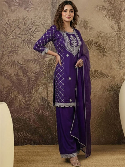 Dhiyona SN Embroidered Round Neck Straight Kurta & Palazzos With Dupatta