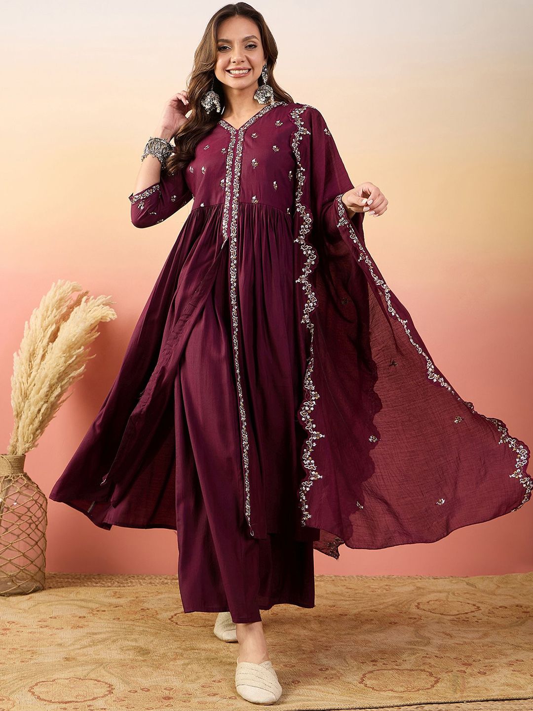 Dhiyona SN Embroidered Kurta With Palazzos & Dupatta