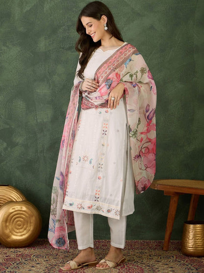 Dhiyona KL Women Ethnic Motifs Embroidered Regular Thread Work Kurta with Trousers & With Dupatta