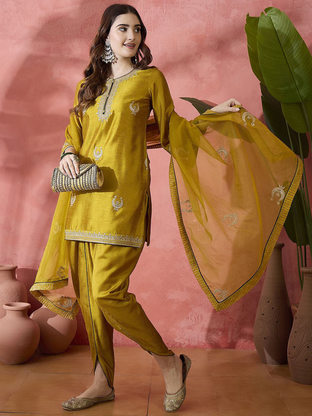 Floral Embroidered Flared Sleeves Zari Straight Kurti With Dhoti Pant & Dupatta