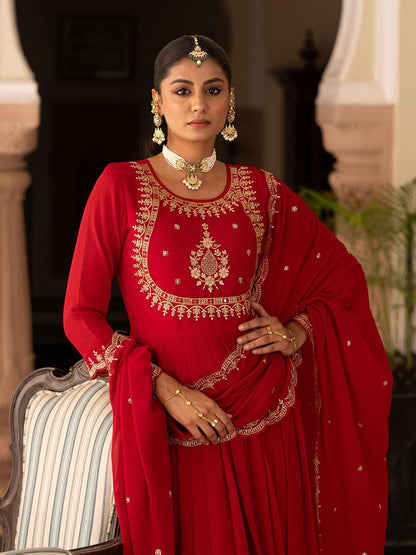 Dhiyona CH Women Floral Embroidered Pleated Mirror Work Kurta with Trousers & Dupatta