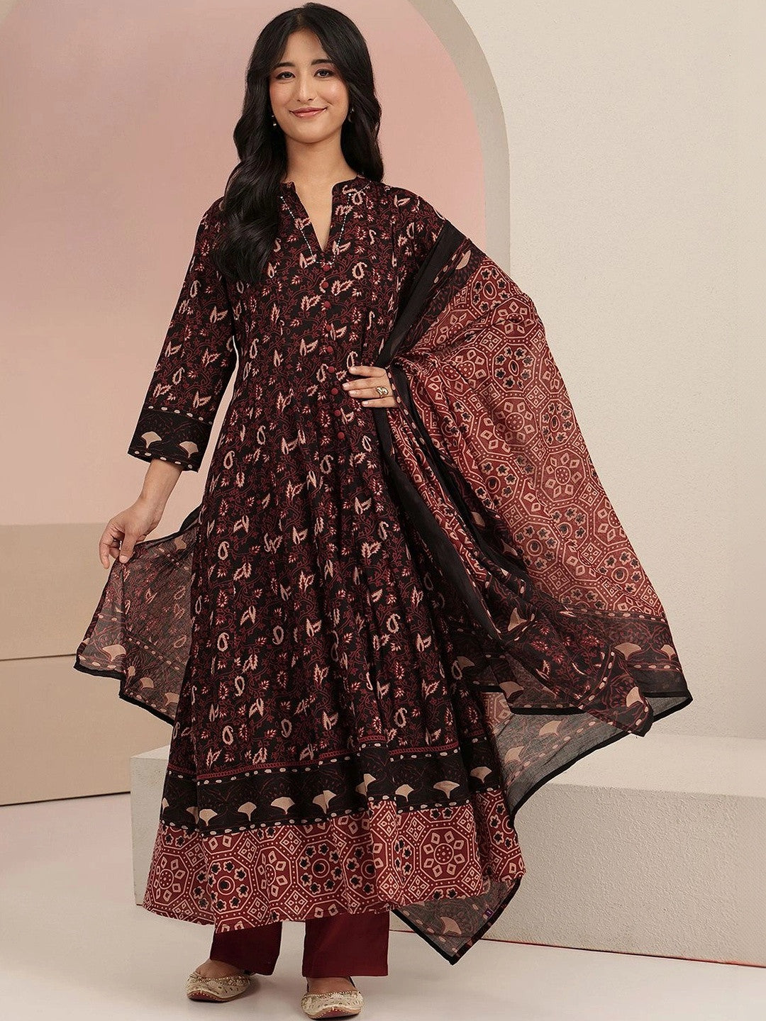 Black Ajrakh Printed Cotton Anarkali Suit Set
