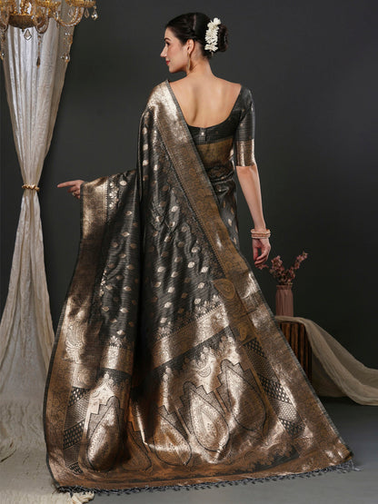 Women's Silk Blend Grey Woven Design Designer Saree With Blouse Piece