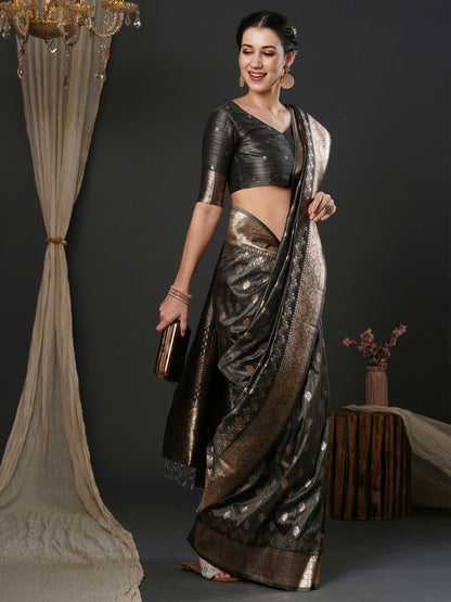 Women's Silk Blend Grey Woven Design Designer Saree With Blouse Piece