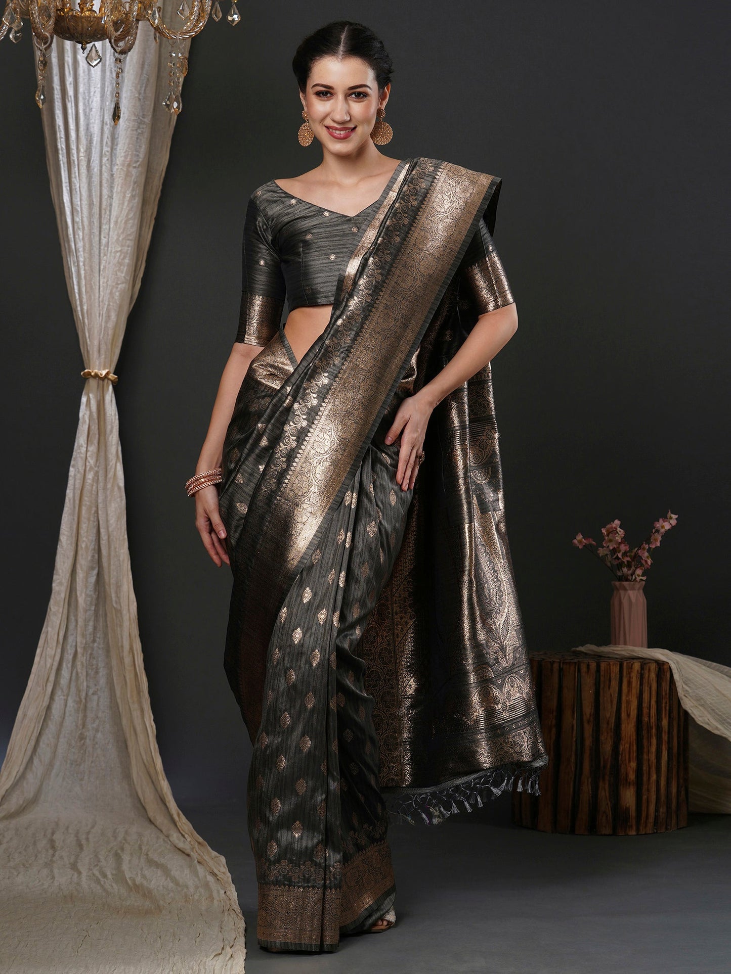 Women's Silk Blend Grey Woven Design Designer Saree With Blouse Piece