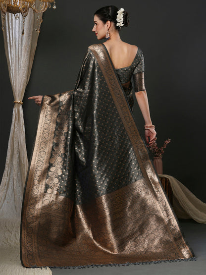 Women's Silk Blend Grey Woven Design Designer Saree With Blouse Piece
