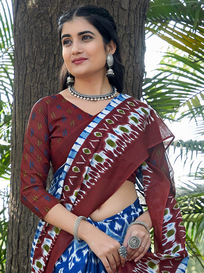 Women's Cotton Blue Printed Designer Saree With Blouse Piece