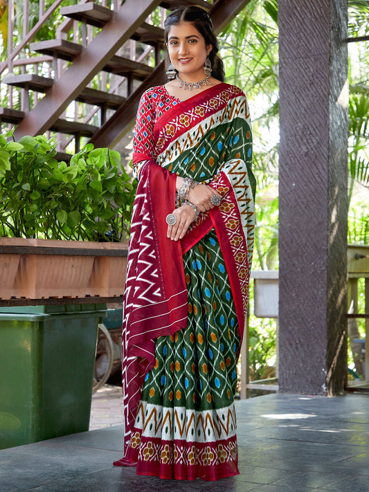 Women's Cotton Green Printed Designer Saree With Blouse Piece