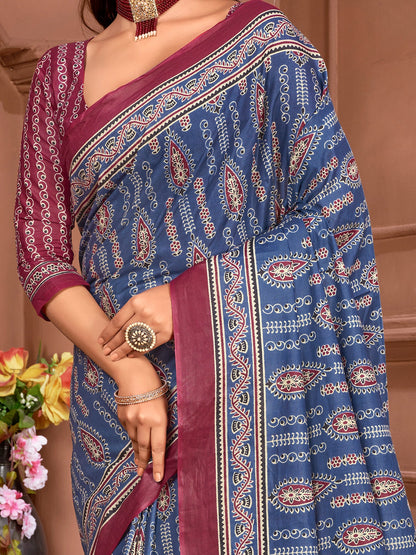 Women's Cotton Blue Printed Designer Saree With Blouse Piece