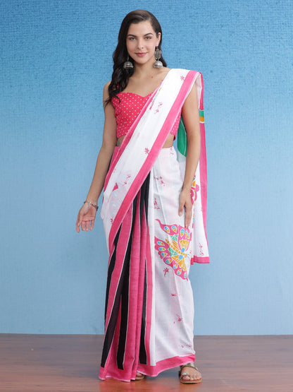 Women's Cotton White Printed Designer Saree With Blouse Piece