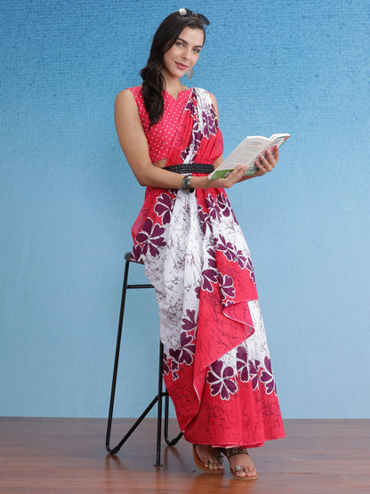Women's Cotton White Printed Designer Saree With Blouse Piece