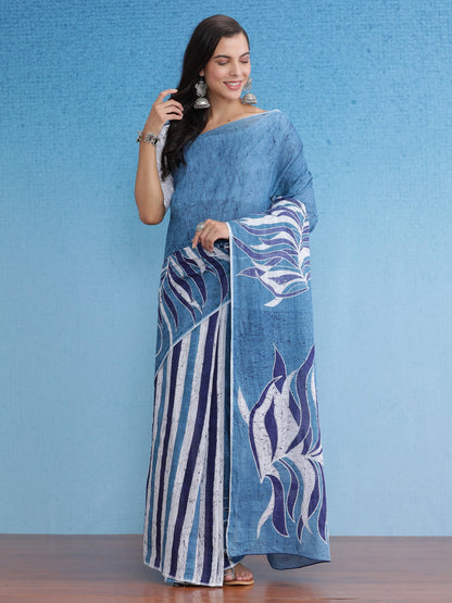 Women's Cotton Blue Printed Designer Saree With Blouse Piece