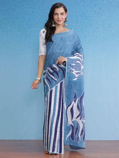 Women's Cotton Blue Printed Designer Saree With Blouse Piece