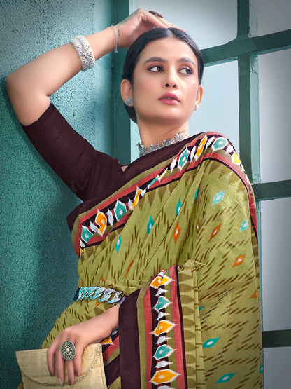 Women's Cotton Olive Printed Designer Saree With Blouse Piece