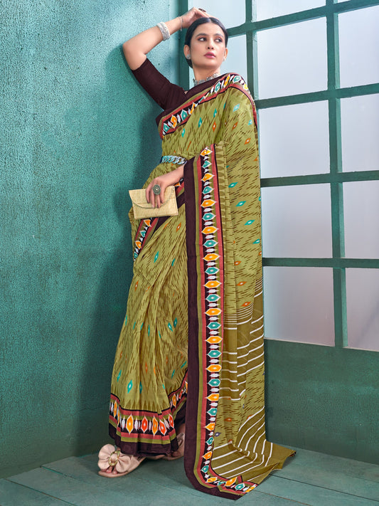 Women's Cotton Olive Printed Designer Saree With Blouse Piece