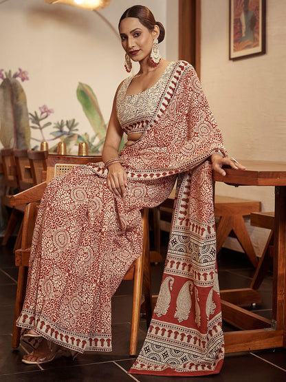 Women's Cotton Rust Printed Designer Saree With Blouse Piece