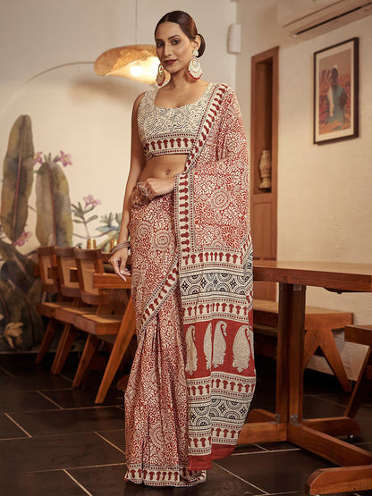 Women's Cotton Rust Printed Designer Saree With Blouse Piece