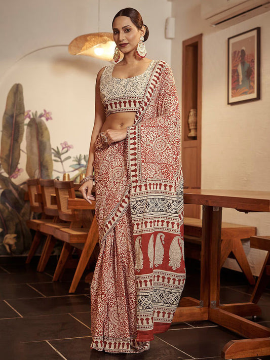 Women's Cotton Rust Printed Designer Saree With Blouse Piece